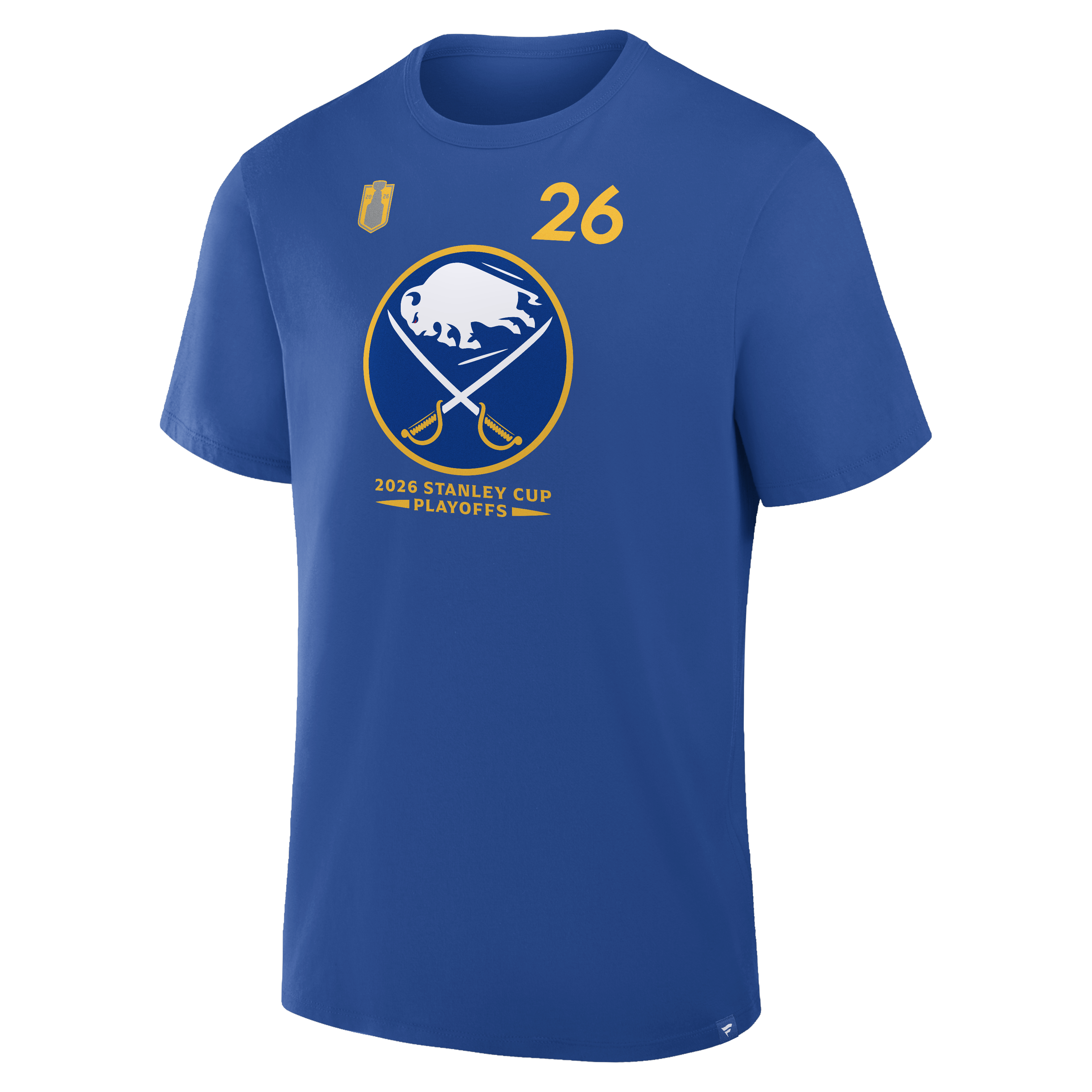Blue t-shirt with sports team logo and number 26 on a white background