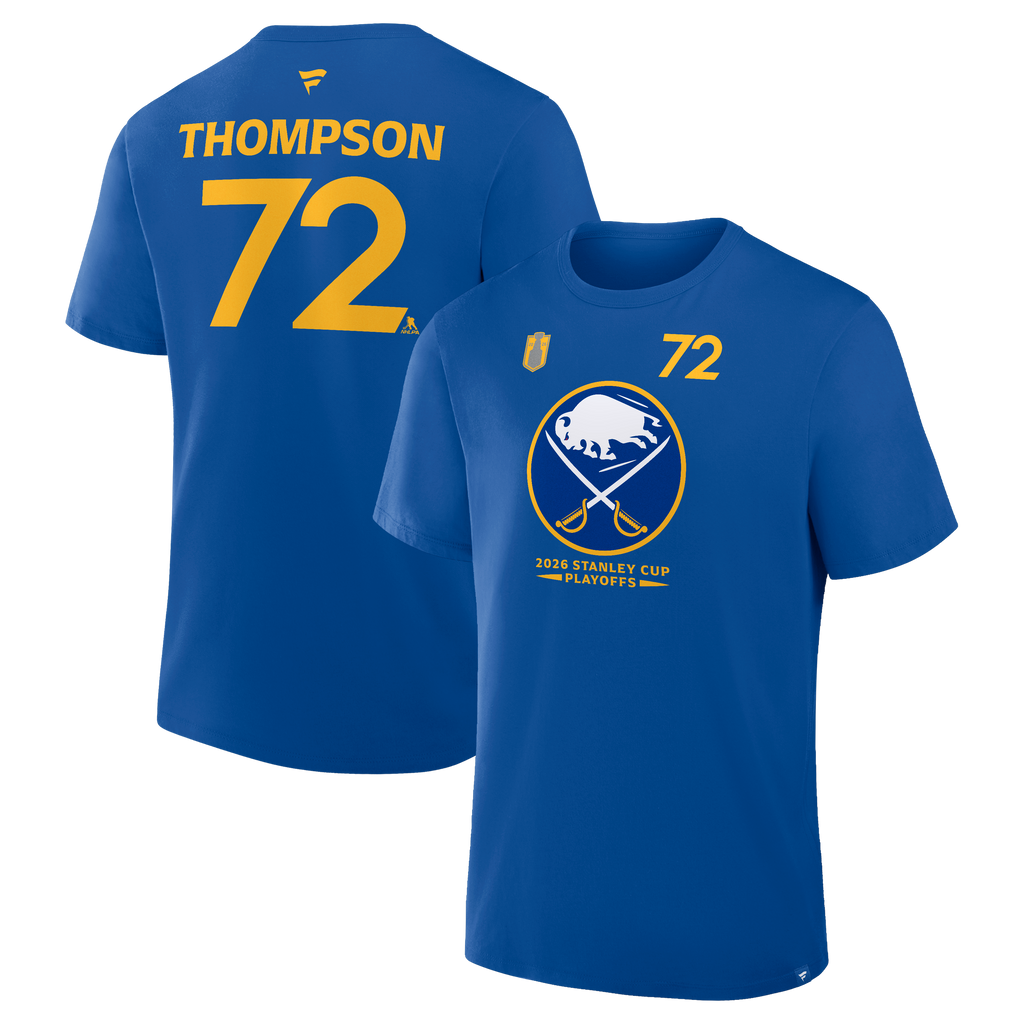 Blue Tage Thompson number playoff t-shirt with yellow text and logo on a white background