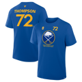 Blue Tage Thompson number playoff t-shirt with yellow text and logo on a white background