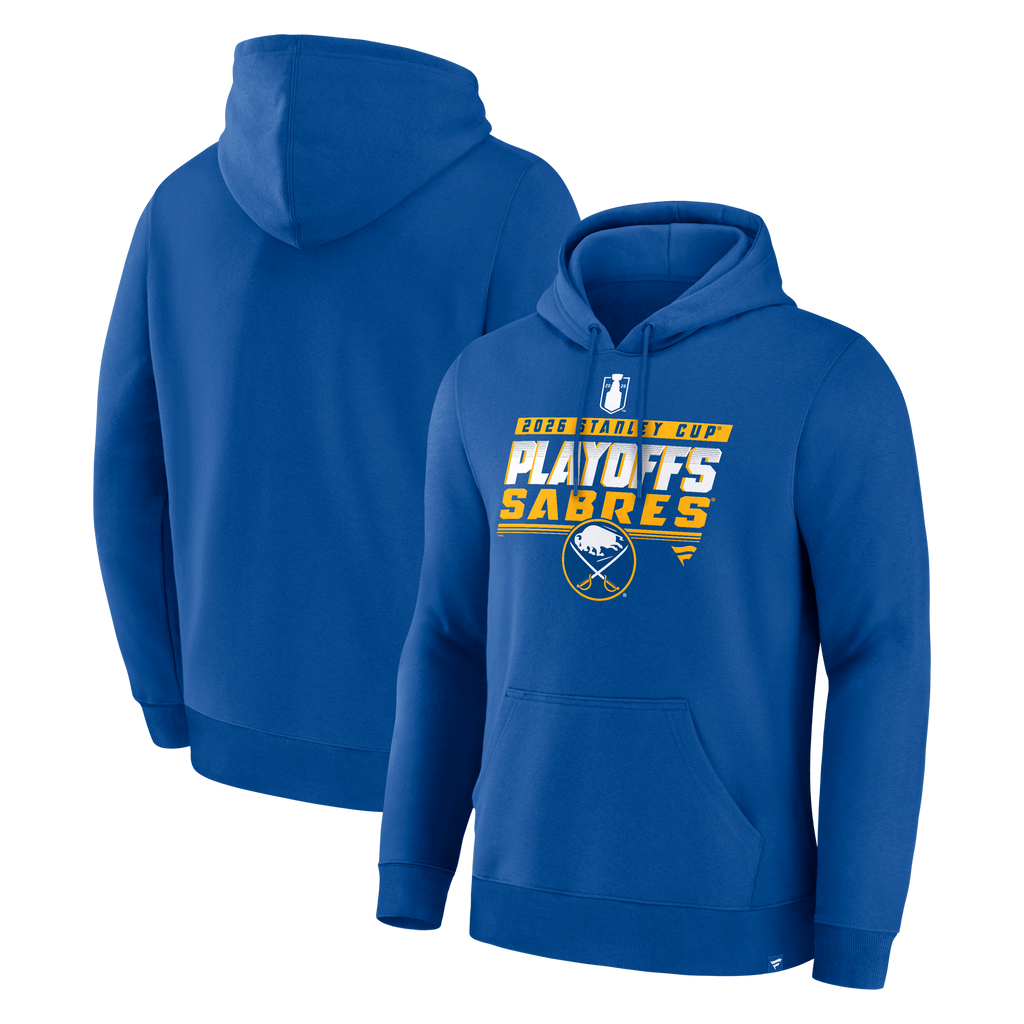 Blue hoodie with Buffalo Sabres playoff branding on a white background