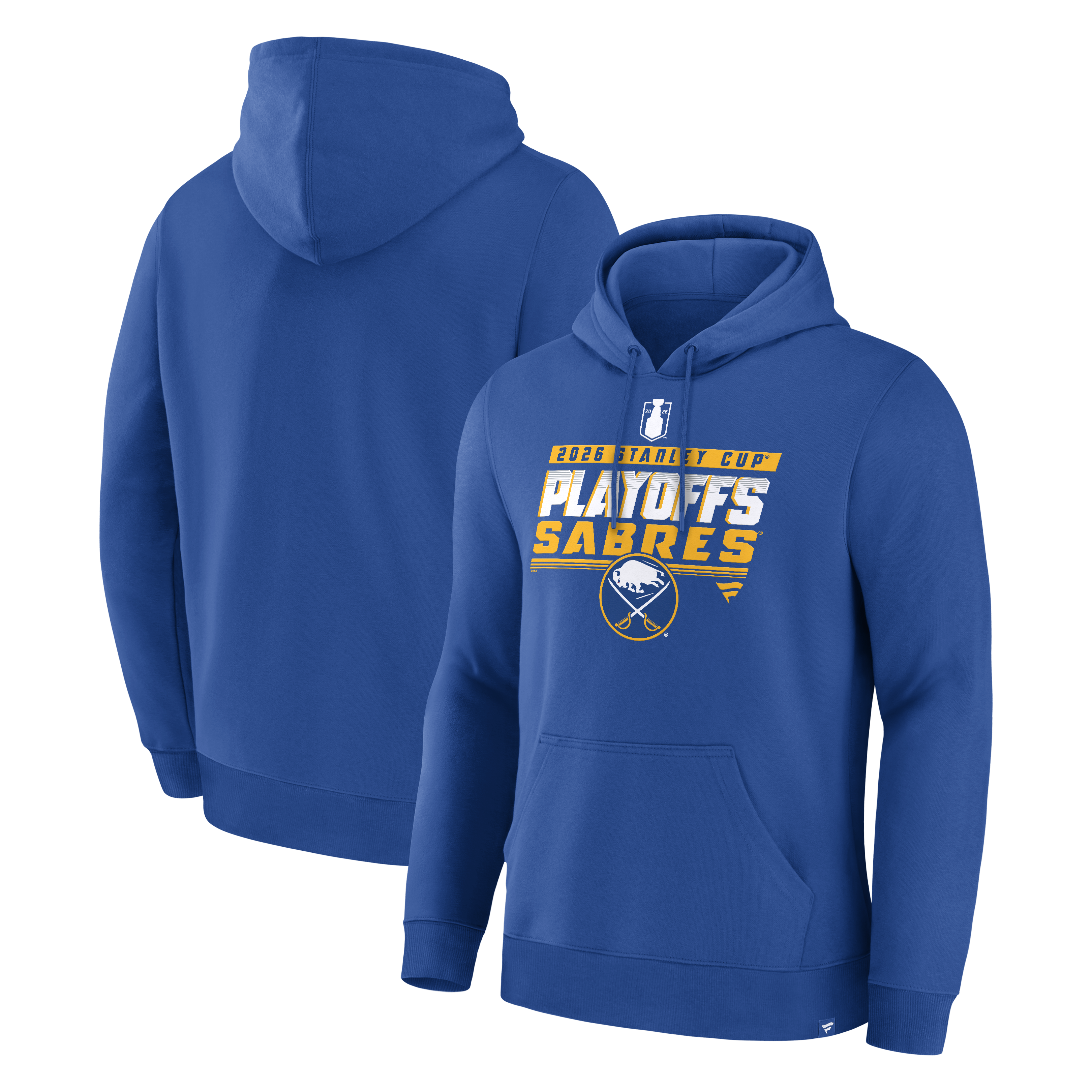 Blue hoodie with Buffalo Sabres playoff branding on a white background
