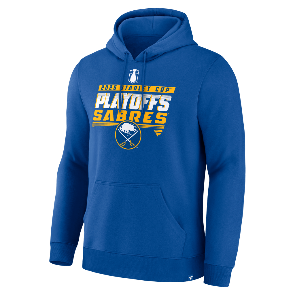 Blue hoodie with '2026 Stanley Cup Playoffs Sabres' text and logo on a white background