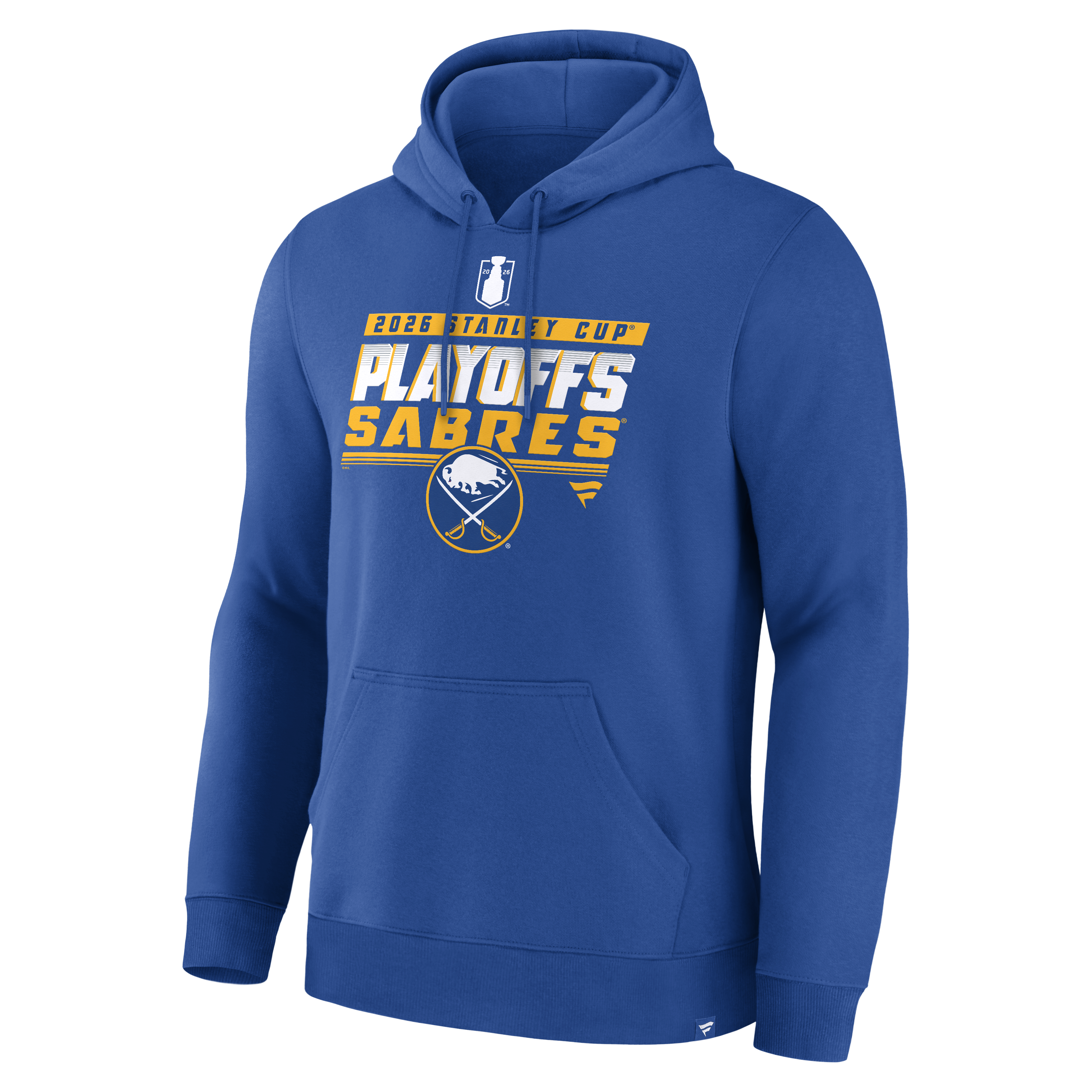 Blue hoodie with '2026 Stanley Cup Playoffs Sabres' text and logo on a white background
