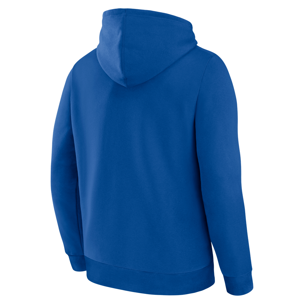 Blue hoodie shown from the back on a white background