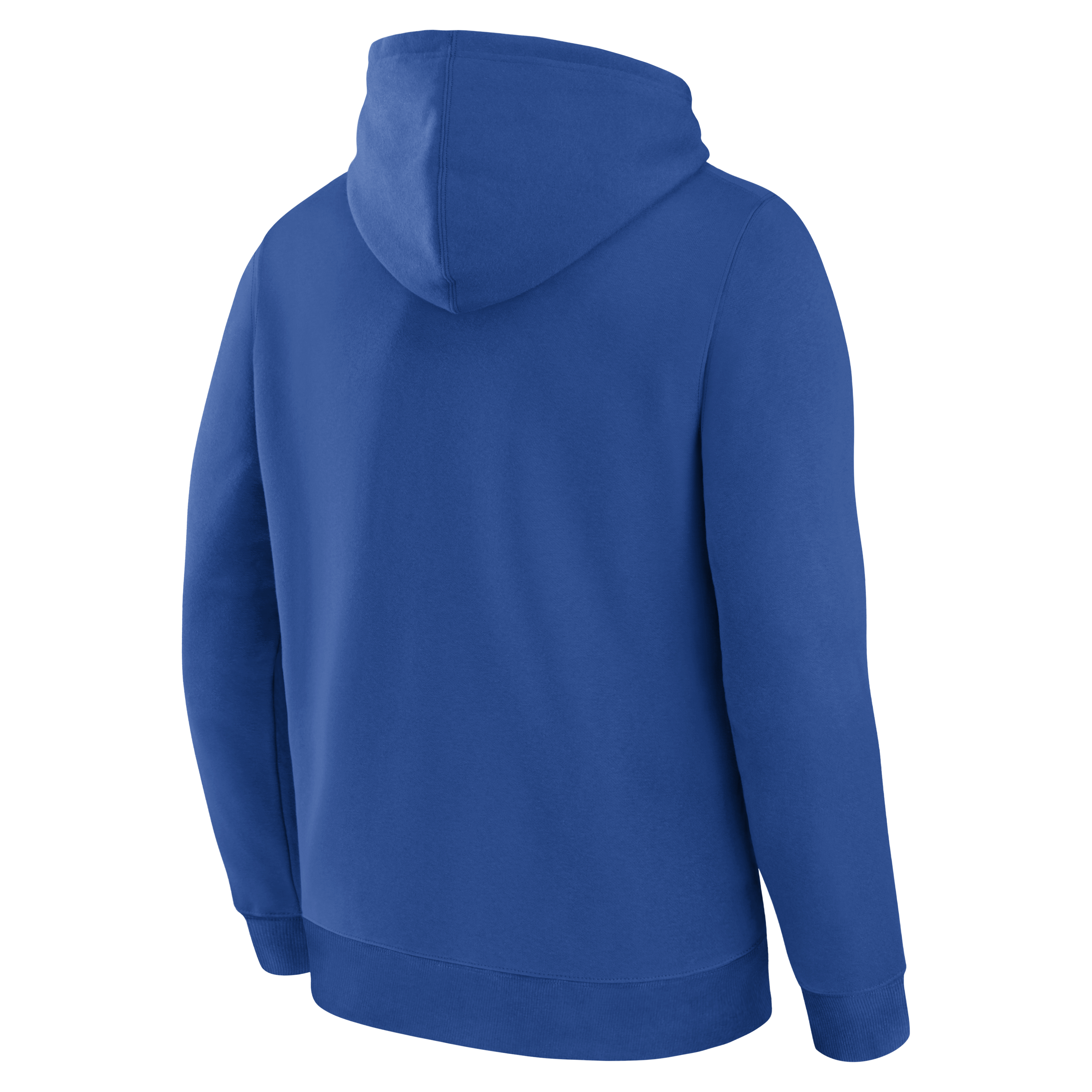 Blue hoodie shown from the back on a white background