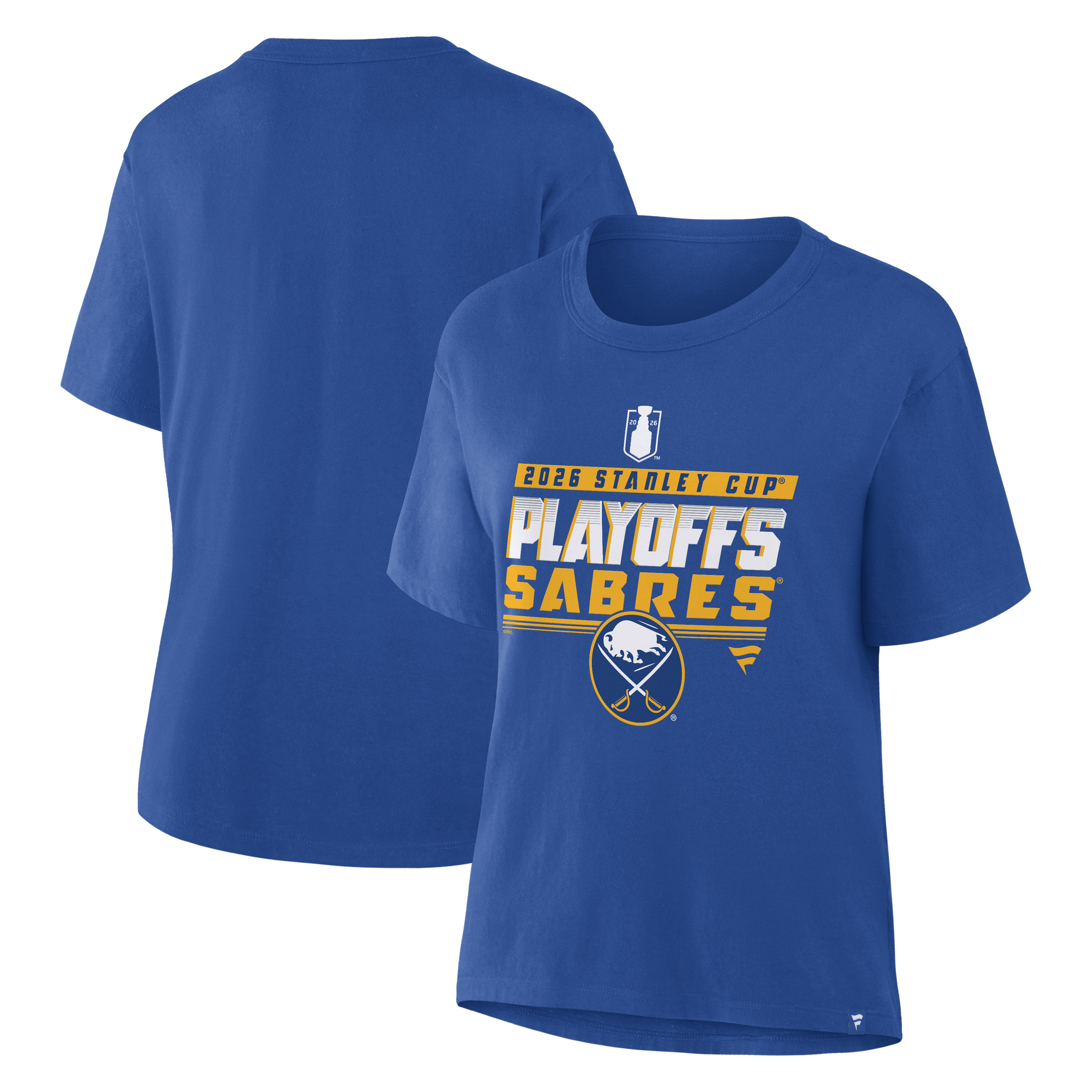 Blue t-shirt with '2026 Stanley Cup Playoffs Sabres' text and logo on a white background