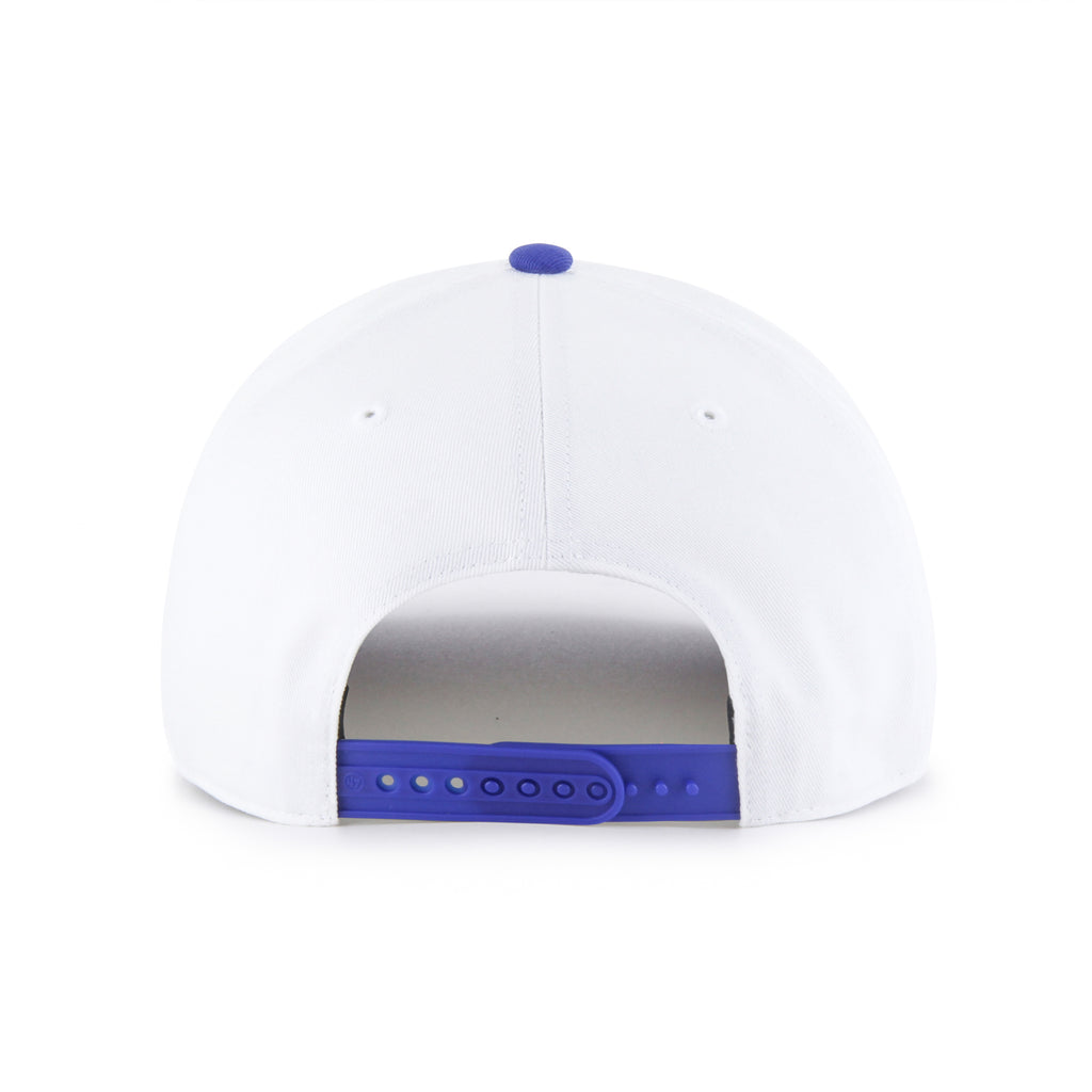White cap with blue accents on a white background