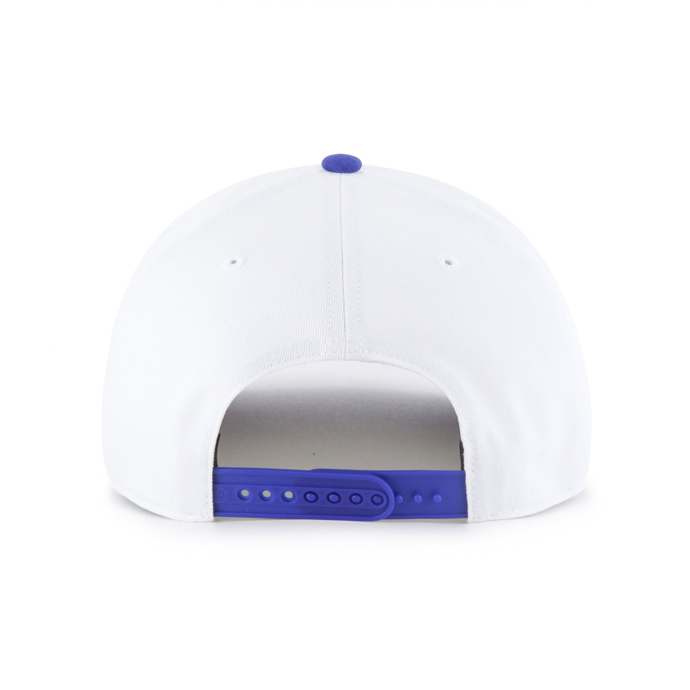 White cap with blue accents on a white background