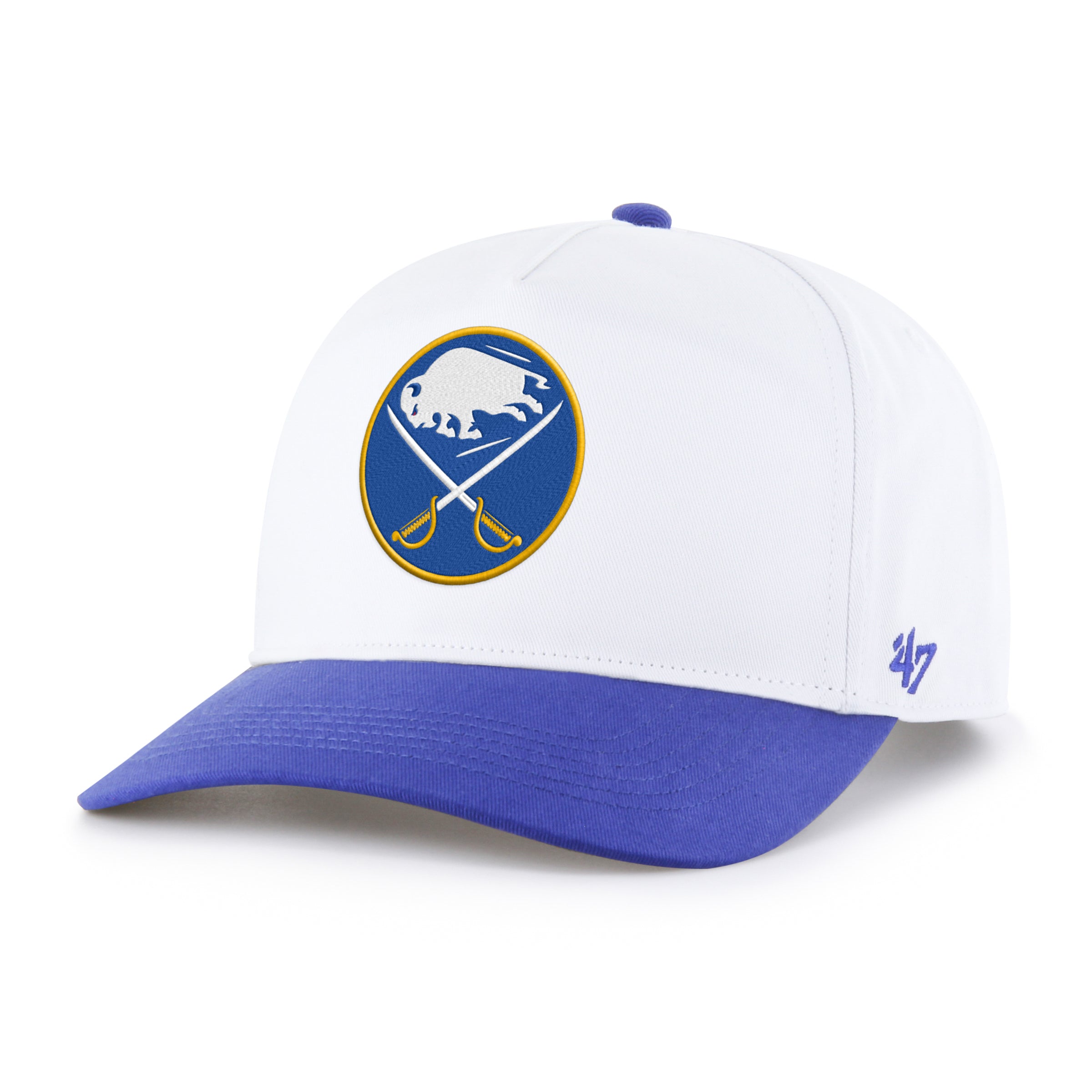White and blue cap with a logo on a white background