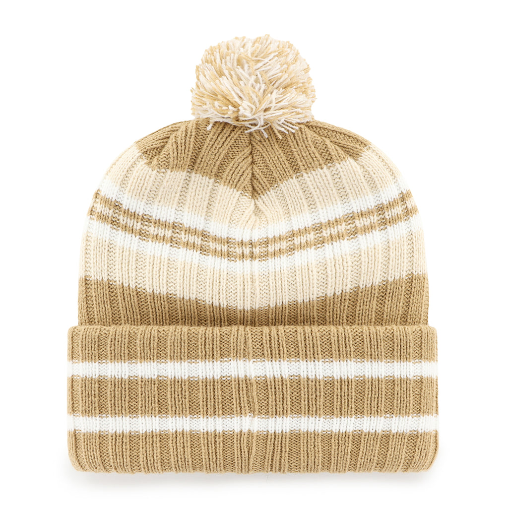 Beige and white striped beanie with a pom-pom on a white background