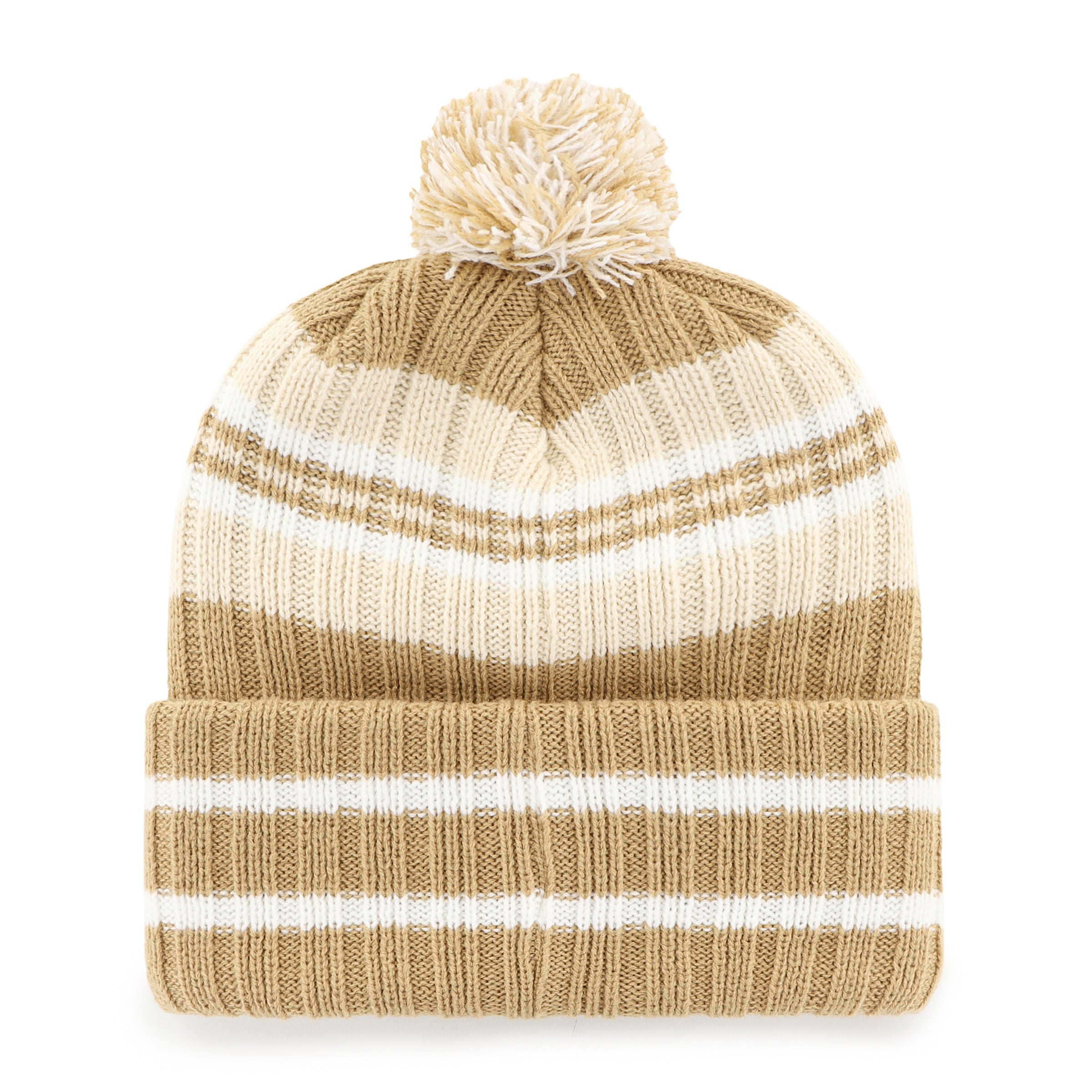 Beige and white striped beanie with a pom-pom on a white background