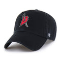 Black cap with a red and white logo on a white background