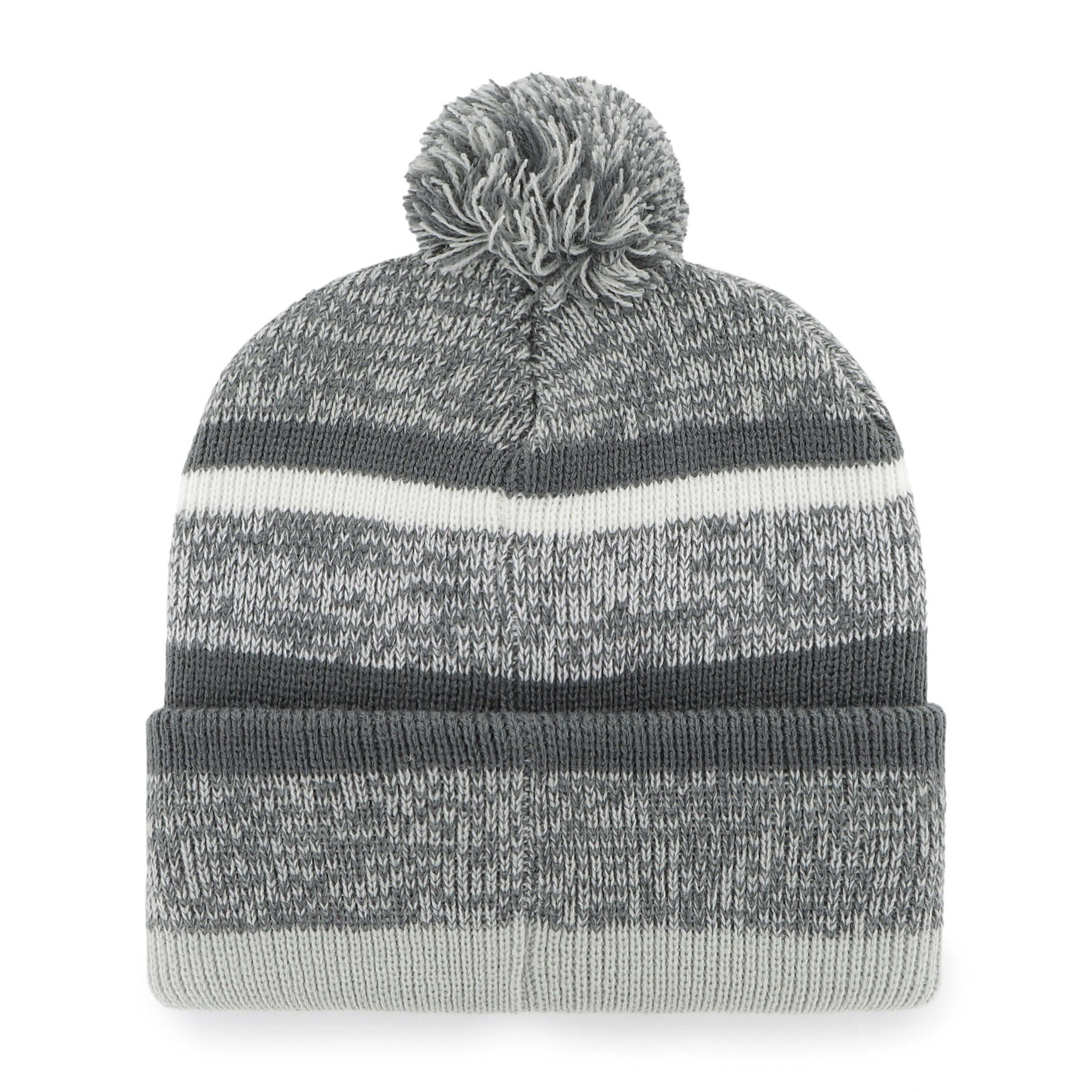 Gray striped beanie with pom-pom on a white background