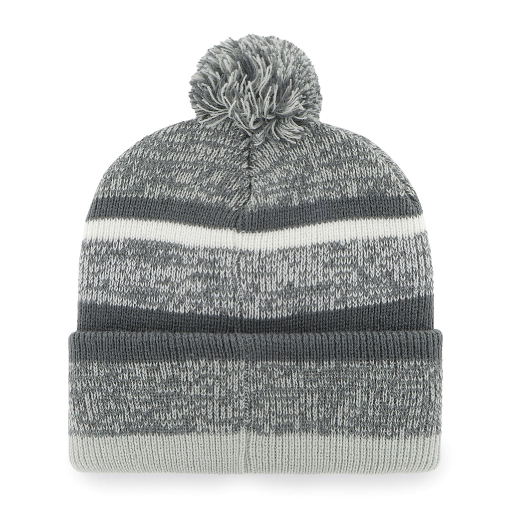 Gray striped beanie with pom-pom on a white background