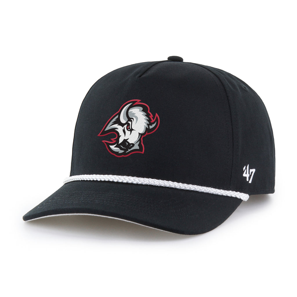 Black cap with a logo and '47' brand on a white background