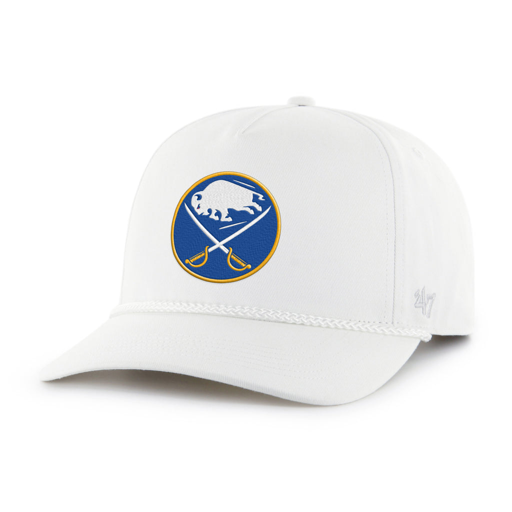 White cap with a blue and yellow logo on a white background