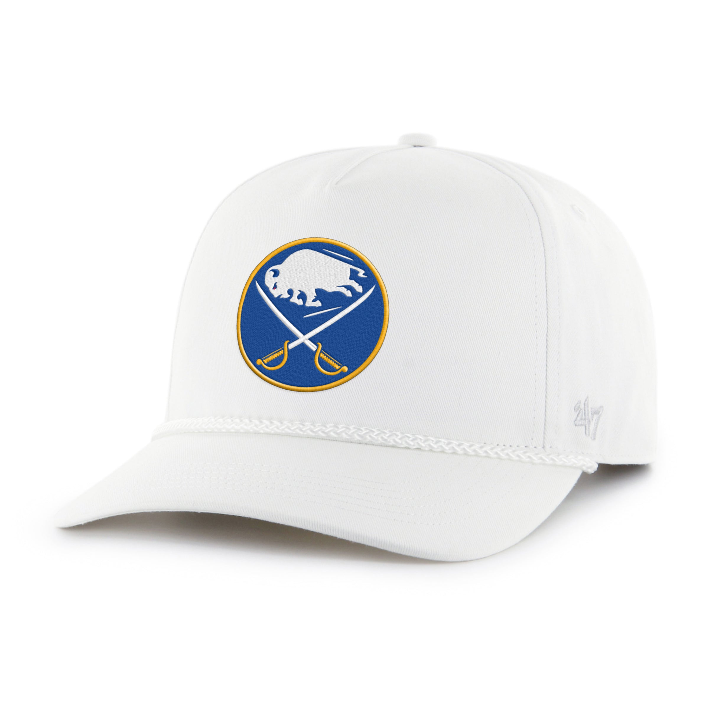 White cap with a blue and yellow logo on a white background