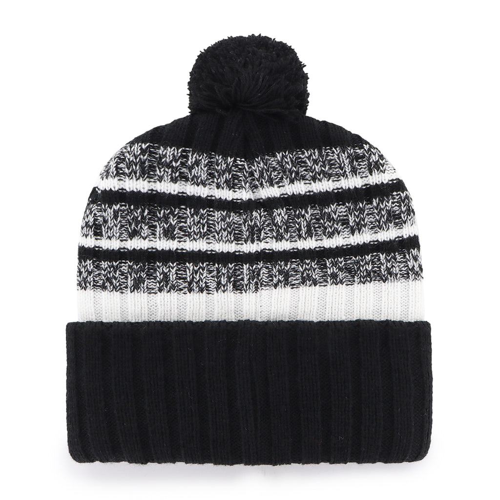 Black and white striped beanie with a pom-pom on a white background