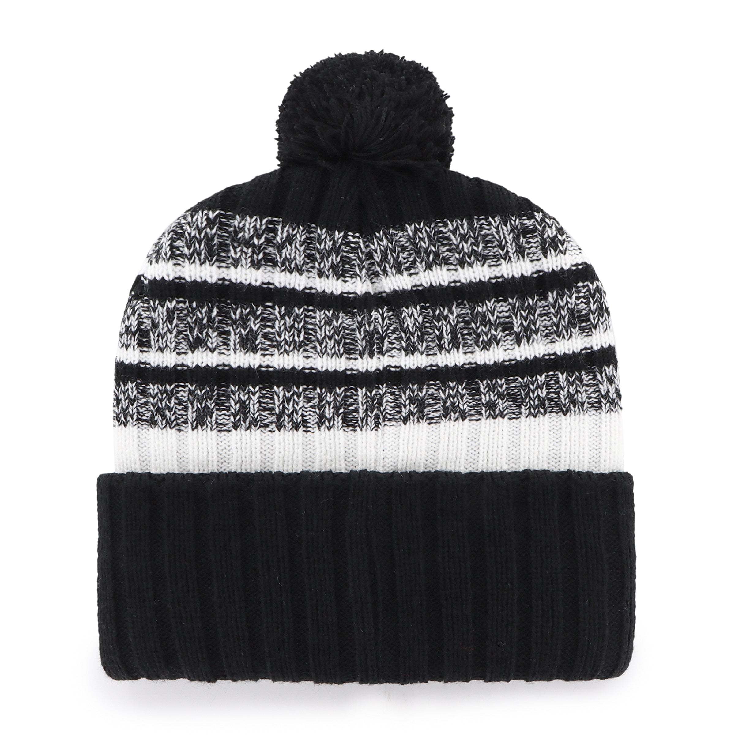 Black and white striped beanie with a pom-pom on a white background