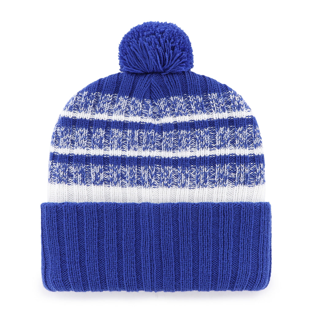 Blue and white striped beanie with a pom-pom on a white background