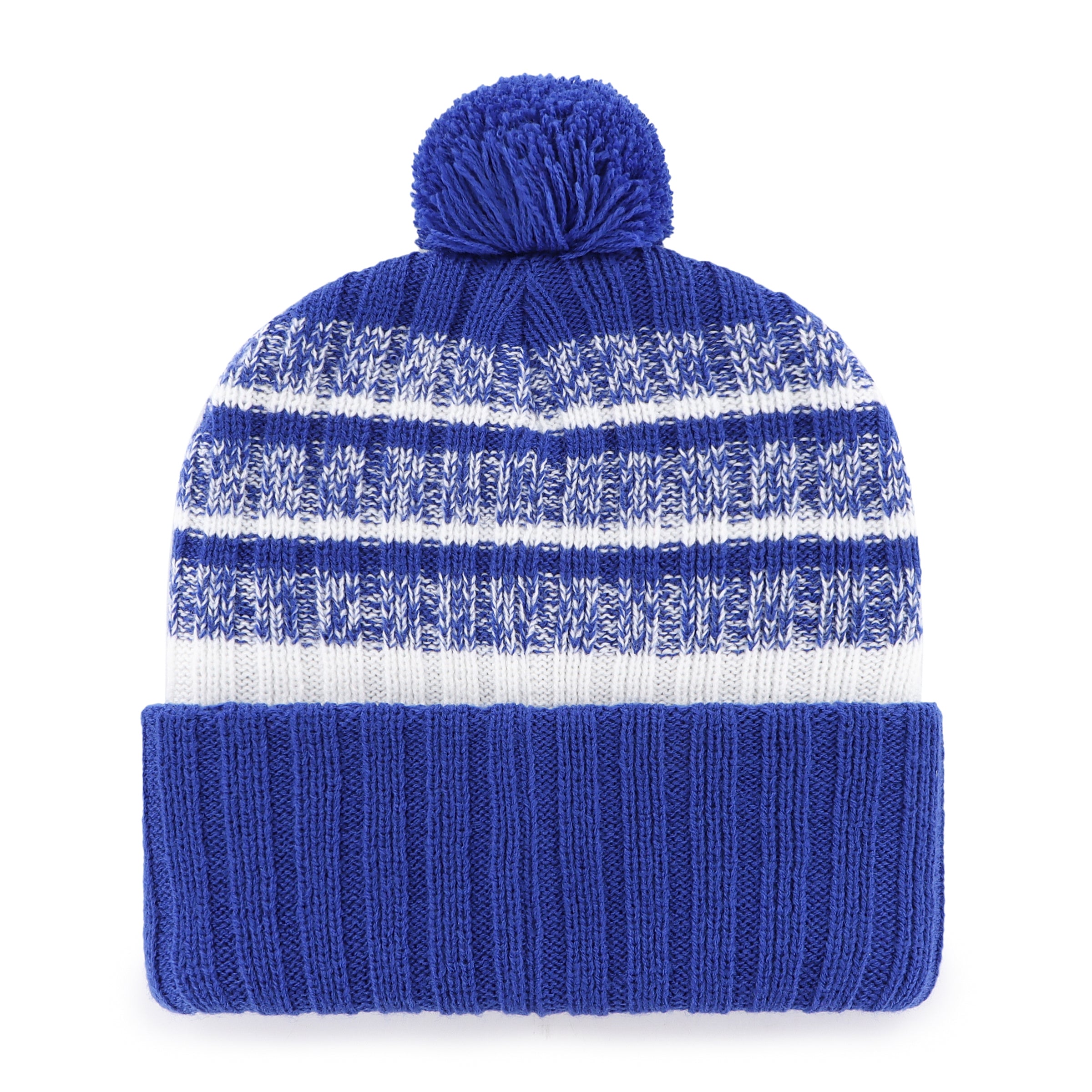 Blue and white striped beanie with a pom-pom on a white background