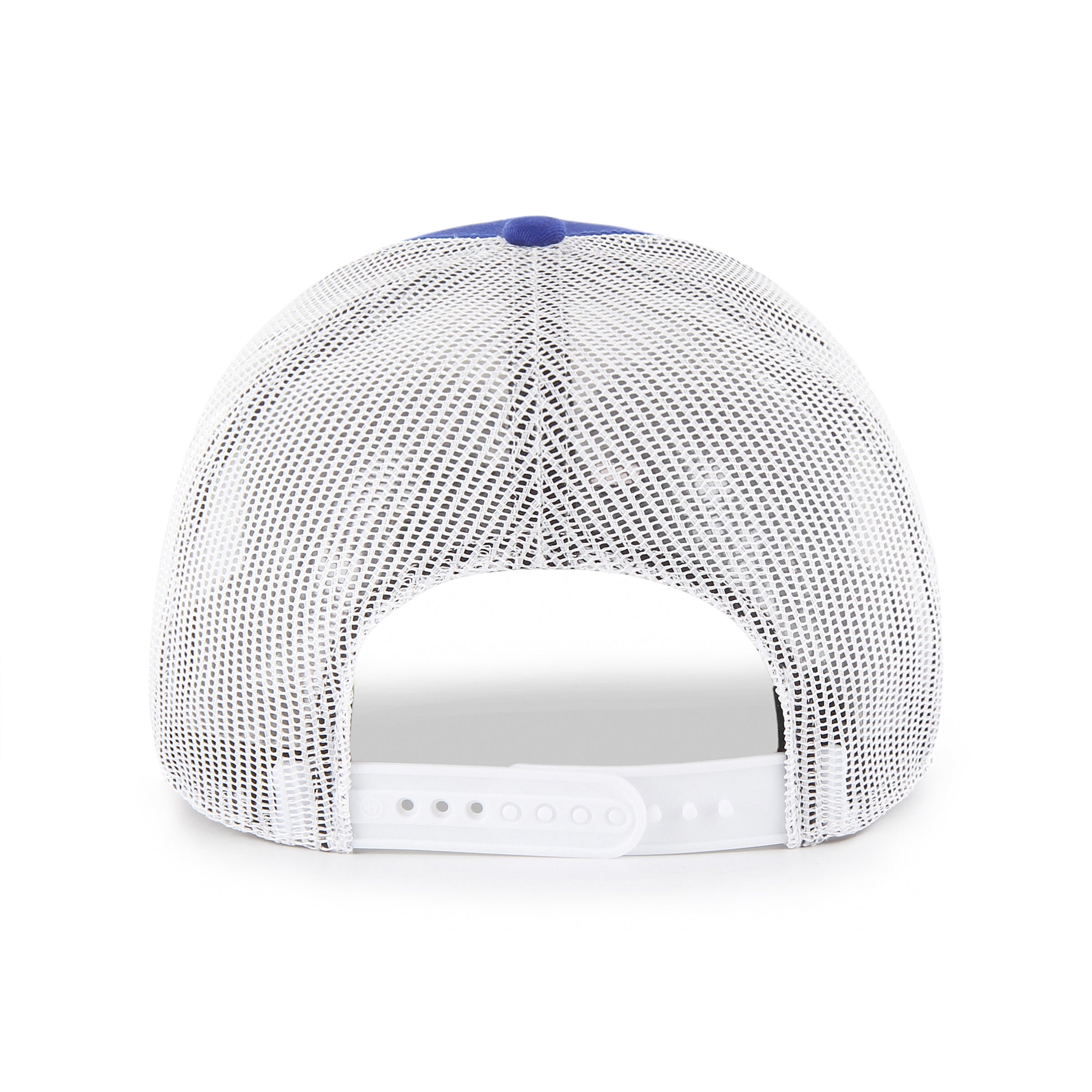 White mesh cap with blue interior on a white background