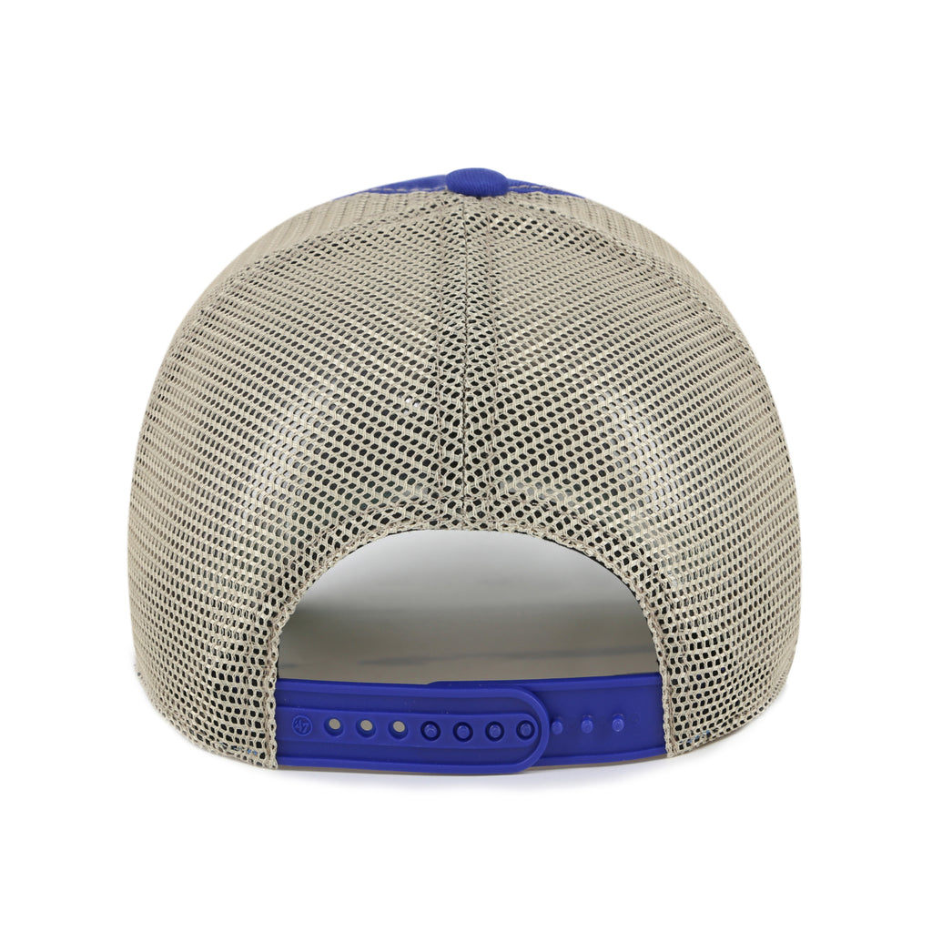 Beige mesh cap with blue rim on a white background