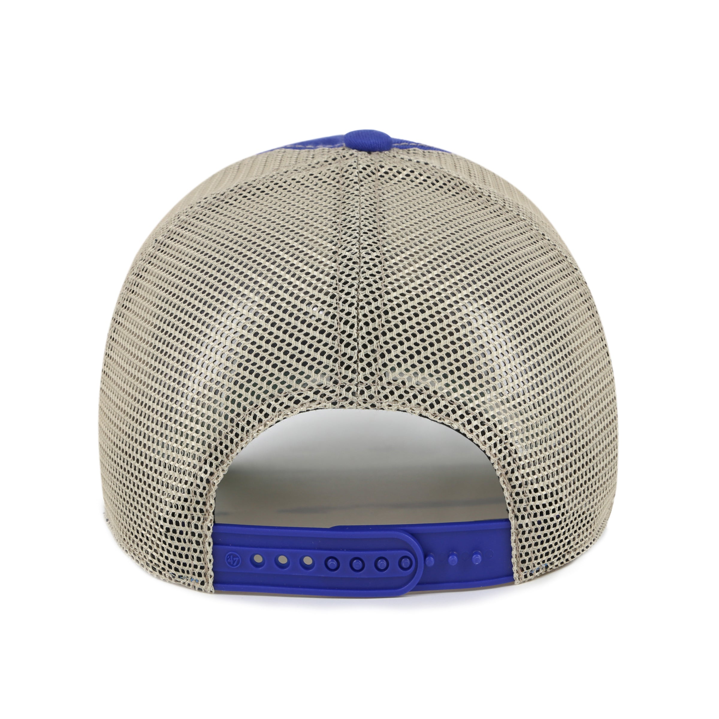Beige mesh cap with blue rim on a white background
