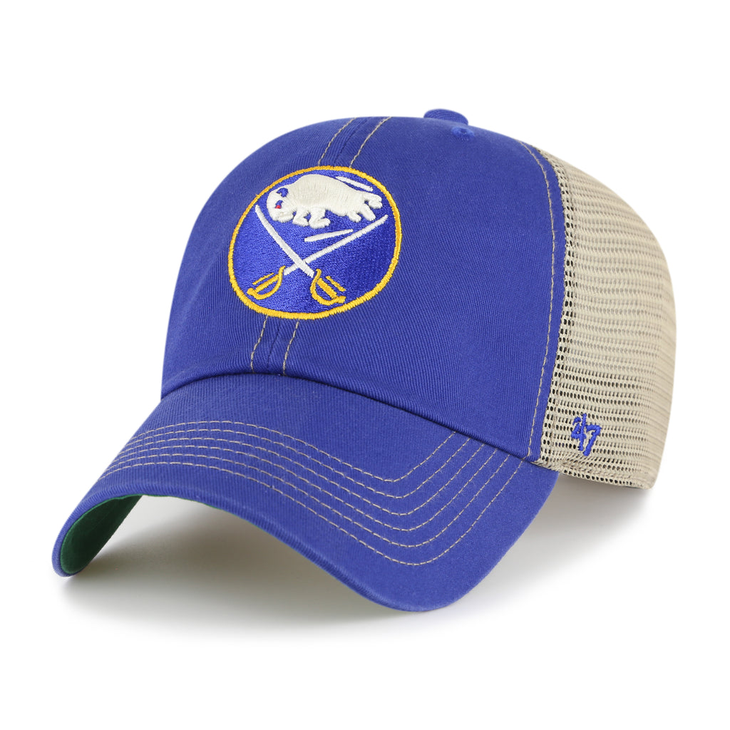 Blue and beige cap with a logo on a white background