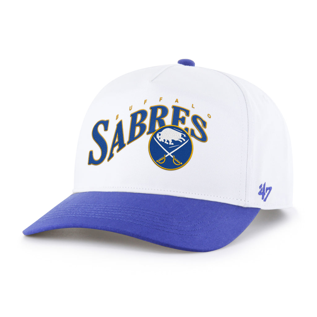 White and blue cap with 'Sabres' logo on a white background