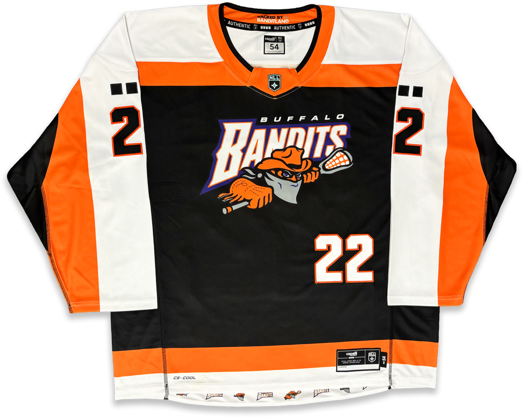 Buffalo Bandits NLL lacrosse jersey, number 22, featuring a black body with white and orange panels, the team logo on the chest, and 'BUFFALO BANDITS' printed above it.