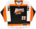 Buffalo Bandits NLL lacrosse jersey, number 22, featuring a black body with white and orange panels, the team logo on the chest, and 'BUFFALO BANDITS' printed above it.