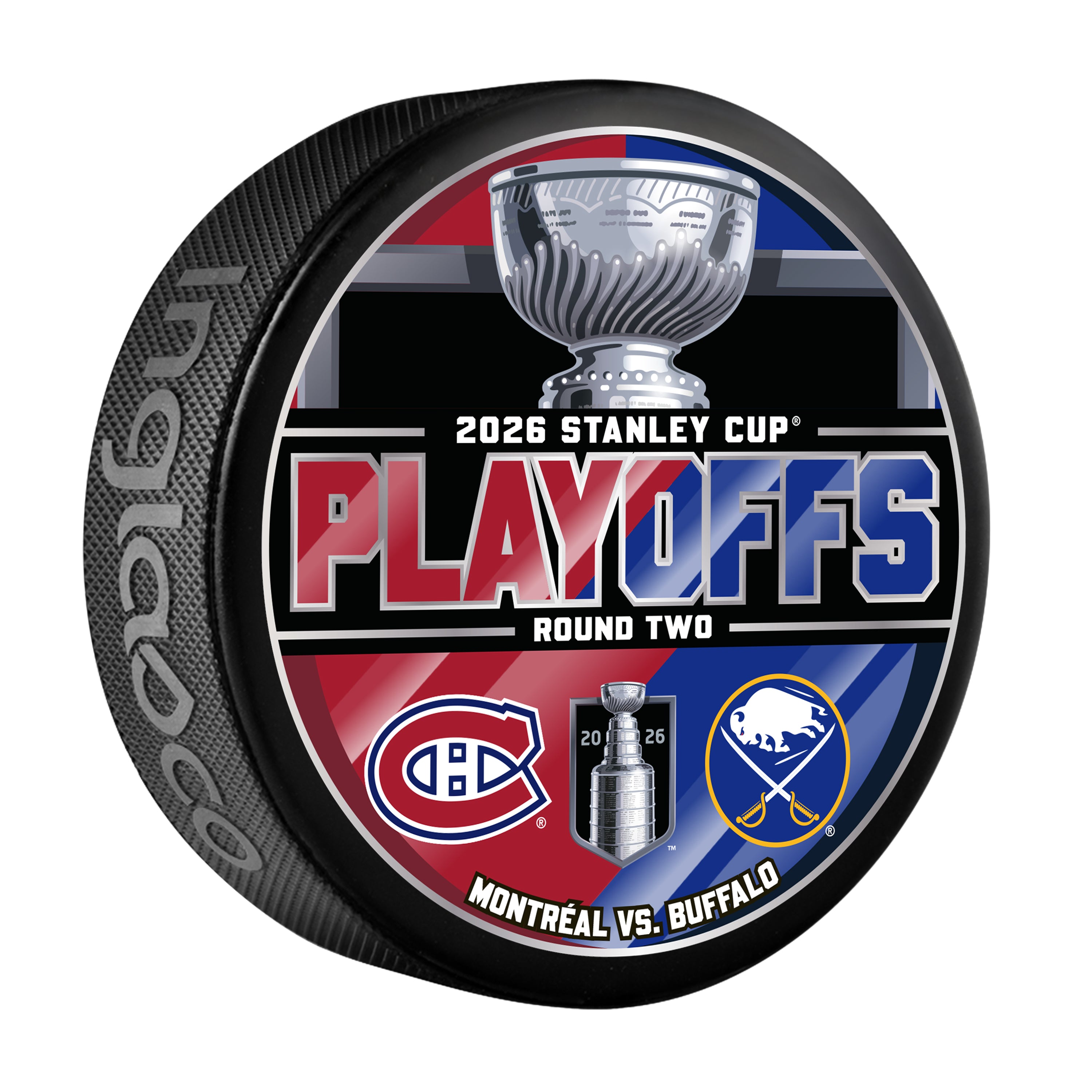 Hockey puck featuring the Stanley Cup logo and the logos for the Montreal Canadiens and the Buffalo Sabres