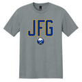 Gray t-shirt with 'JFG' in blue and a logo on a white background
