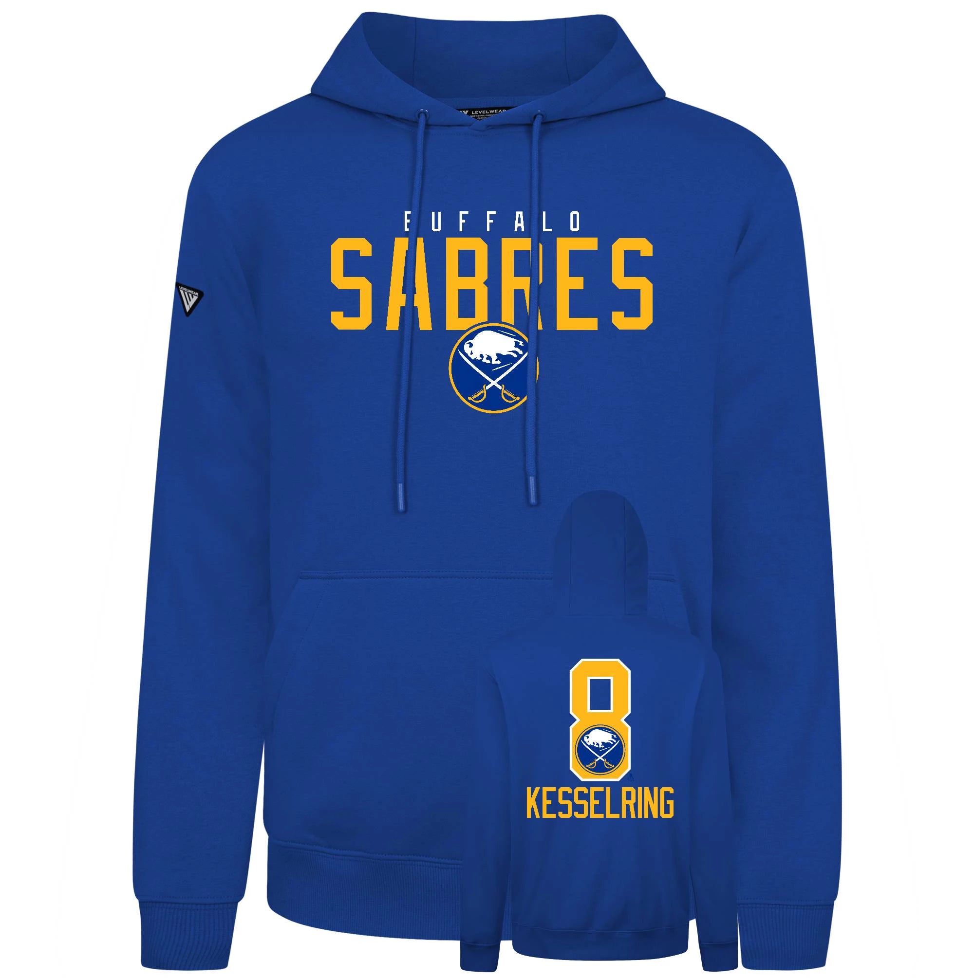 Blue hoodie with 'Buffalo Sabres' text and logo on a white background