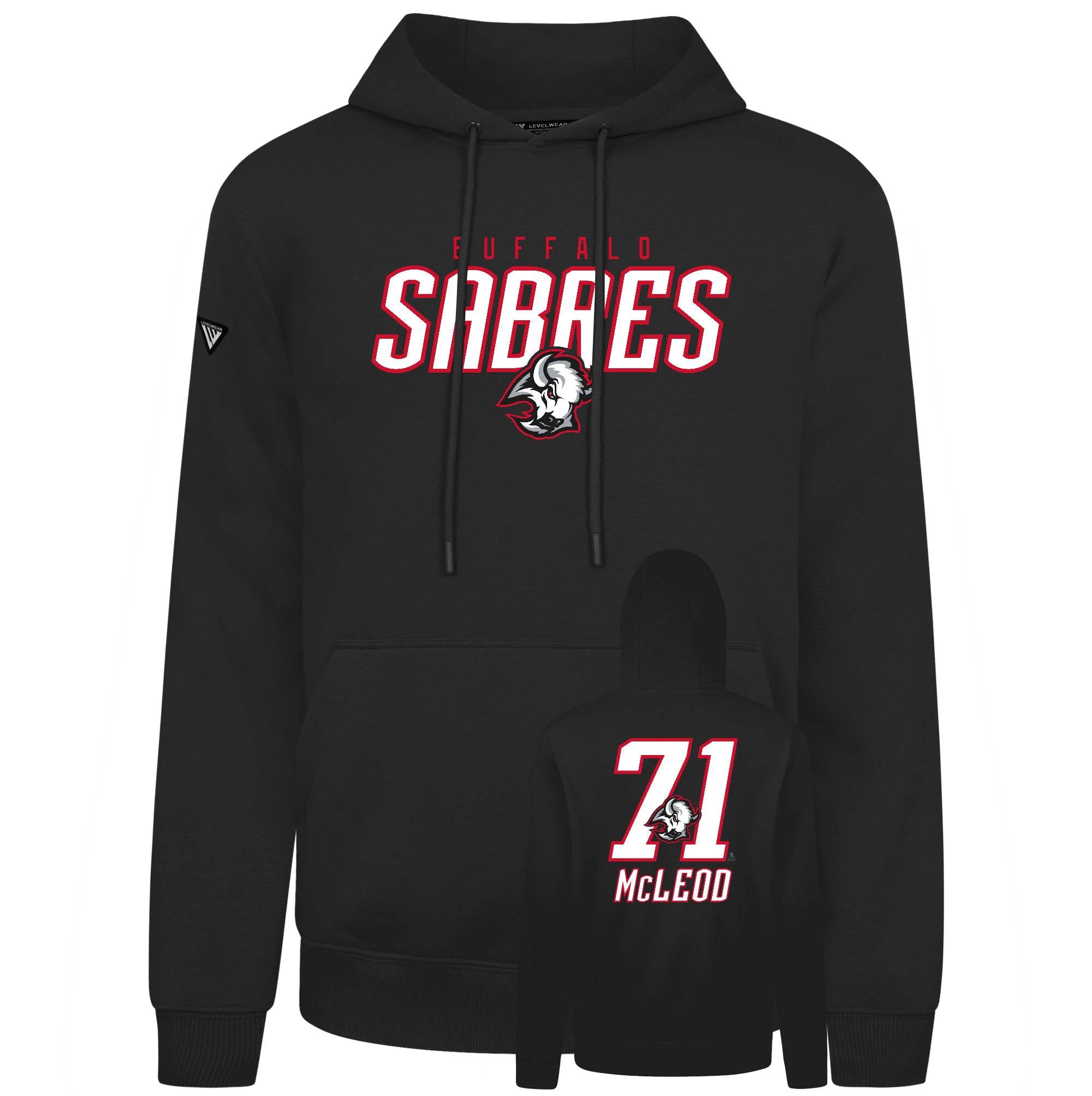 Black hoodie with 'Buffalo Sabres' logo and number '71' on a white background