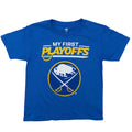 Blue t-shirt with 'My First Playoffs' text and sports team logo on a white background