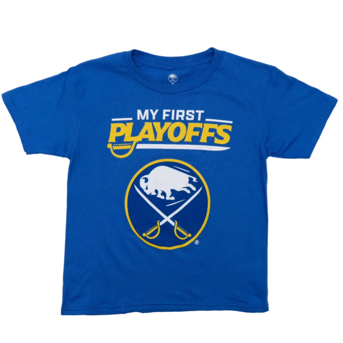 Blue t-shirt with 'My First Playoffs' text and sports team logo on a white background