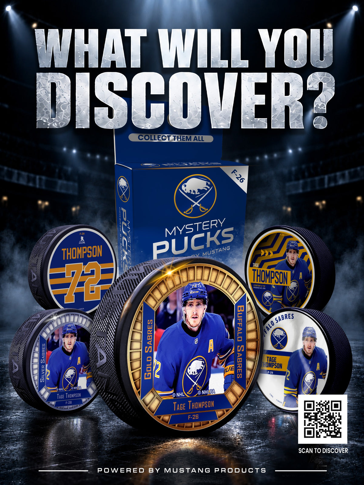 Promotional graphic for a hockey-themed mystery pucks box. Large silver text at the top reads “WHAT WILL YOU DISCOVER?” A blue box labeled “Mystery Pucks Buffalo Sabres” stands in the center, surrounded by several hockey pucks printed with player photos and names, including Thompson and Thiel.