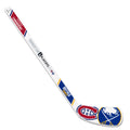 Mini hockey stick with multiple team logos on a white background
