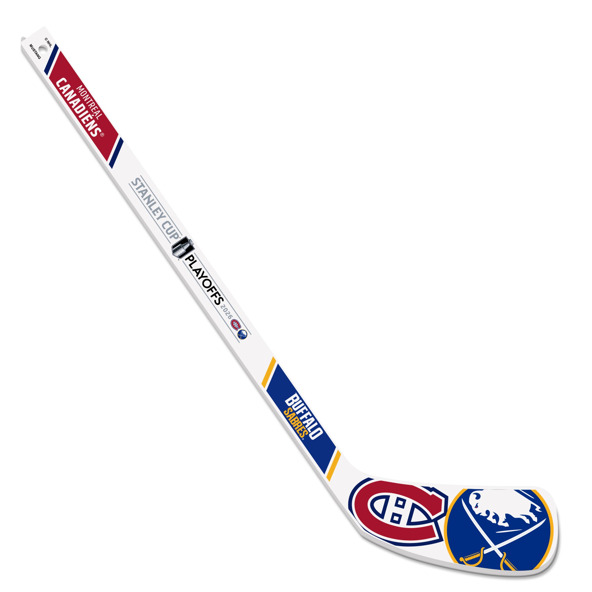 Mini hockey stick with multiple team logos on a white background