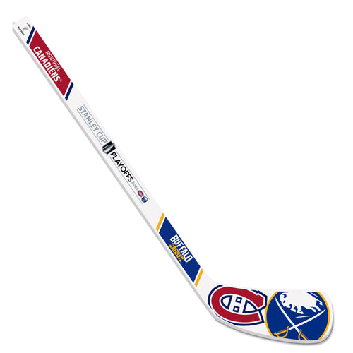 Mini hockey stick with multiple team logos on a white background