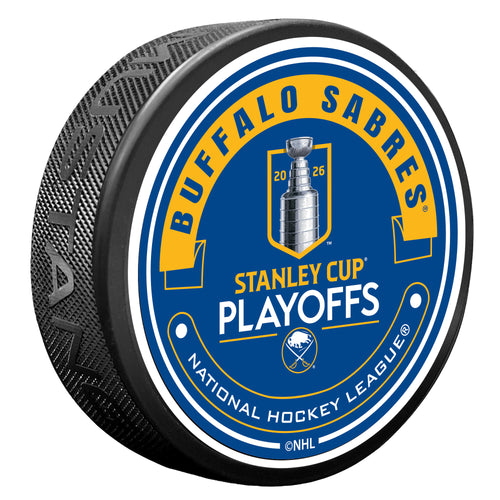 Hockey puck with Buffalo Sabres Stanley Cup Playoffs branding on a white background
