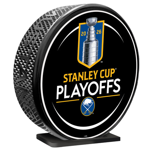 Hockey puck with Stanley Cup Playoffs branding on a white background