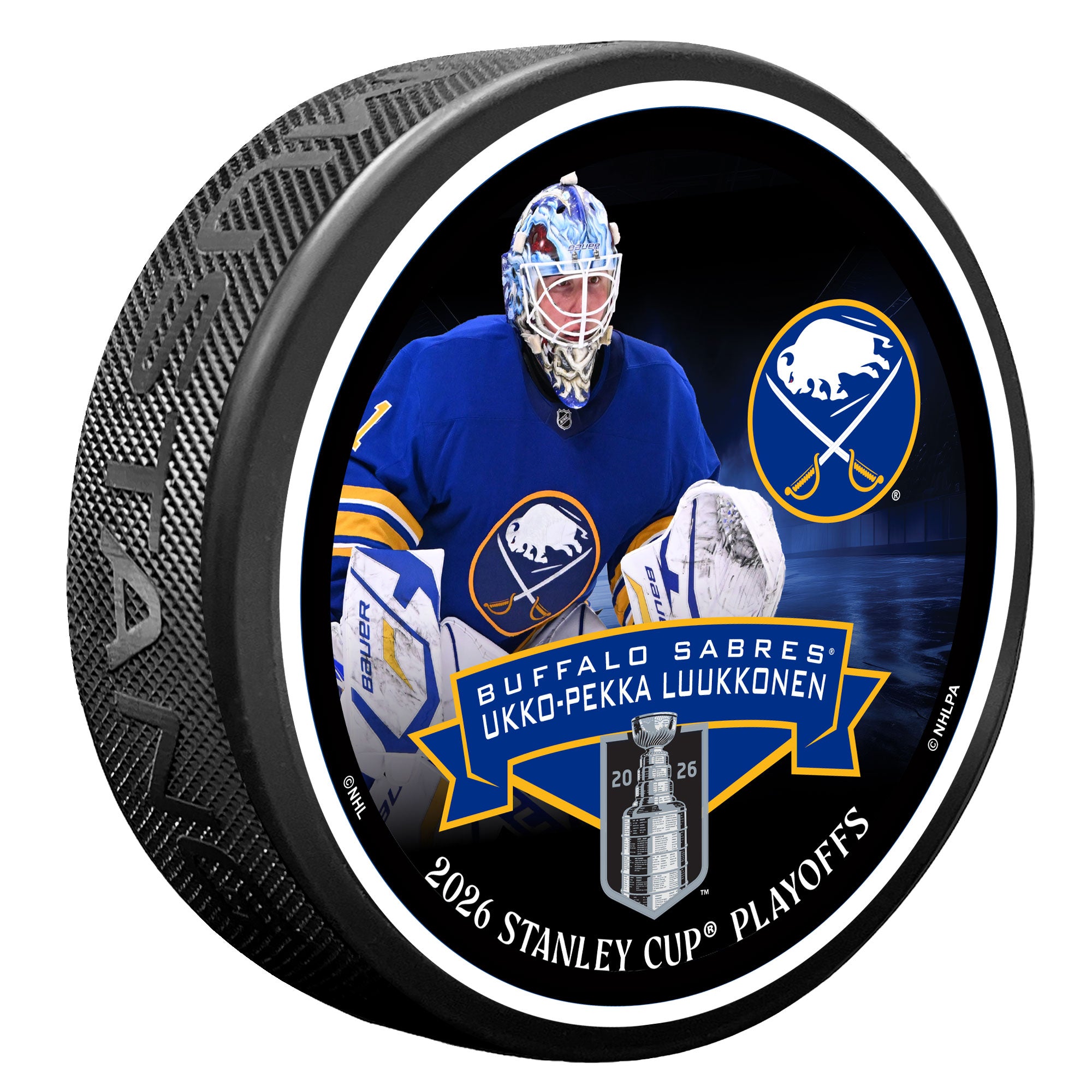 Hockey puck with a player image and Buffalo Sabres branding on a white background