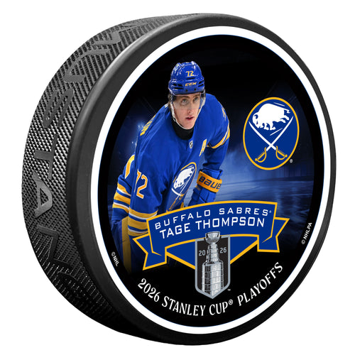 Hockey puck with Buffalo Sabres player and Stanley Cup playoffs branding