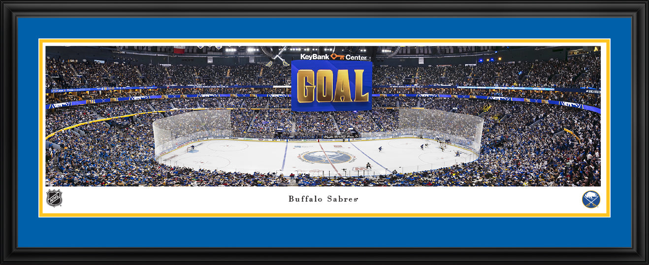 Panoramic view of a hockey arena with 'GOAL' text, surrounded by a blue border.