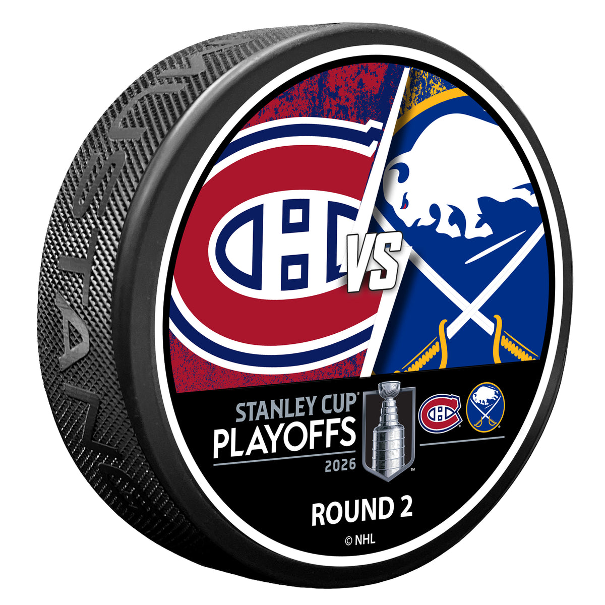 Puck with Montreal Canadiens and Buffalo Sabres logos for Stanley Cup Playoffs