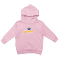 Pink hoodie with a logo and text on a white background