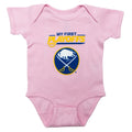 Pink baby onesie with sports team logo and text on a white background